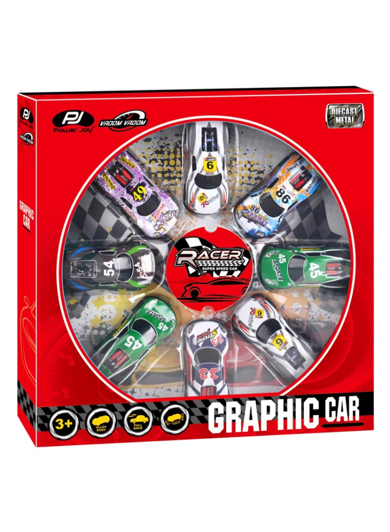 Power Joy Vroom Pullback Graphic Car 8 PCS