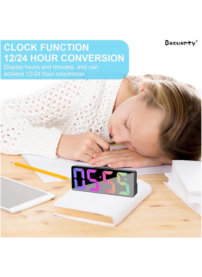 Mirror Surface Digital Alarm Clock with LED Nightlight, 12/24 H Big Digits Wall Mounted Desktop Table Clock for Home Living Room (Black)