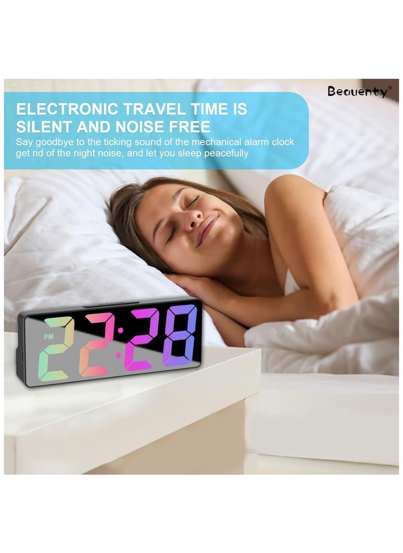 Mirror Surface Digital Alarm Clock with LED Nightlight, 12/24 H Big Digits Wall Mounted Desktop Table Clock for Home Living Room (Black)