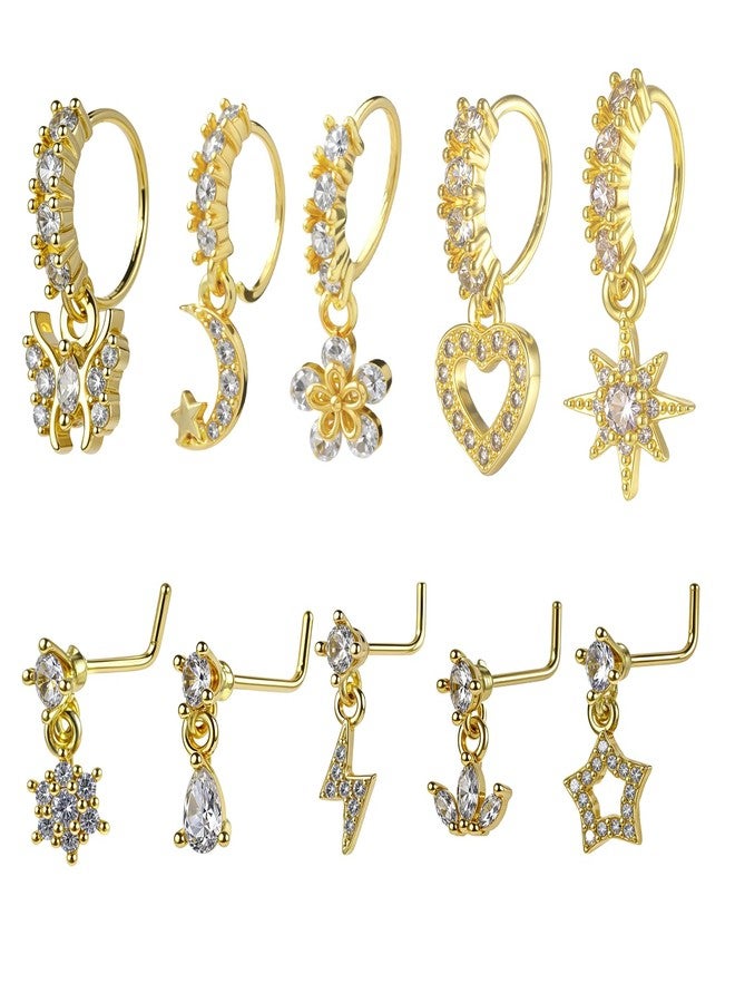 Yolev 10 Pcs Dangle Nose Ring Hoop 20g L Shaped Dangling Nose Stud Cz Flower Star Moon Butterfly Crown Nose Rings with Charm Cute Nose Piercing Jewelry Cartilage Earring For Women, no gemstone - Image 1