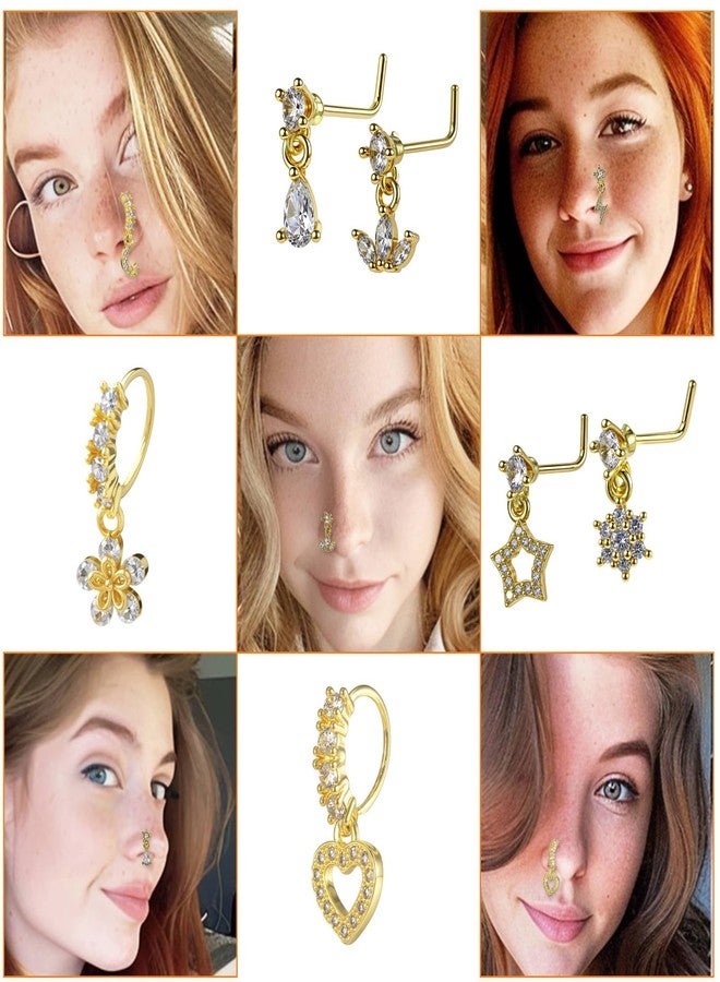 Yolev 10 Pcs Dangle Nose Ring Hoop 20g L Shaped Dangling Nose Stud Cz Flower Star Moon Butterfly Crown Nose Rings with Charm Cute Nose Piercing Jewelry Cartilage Earring For Women, no gemstone - Image 3