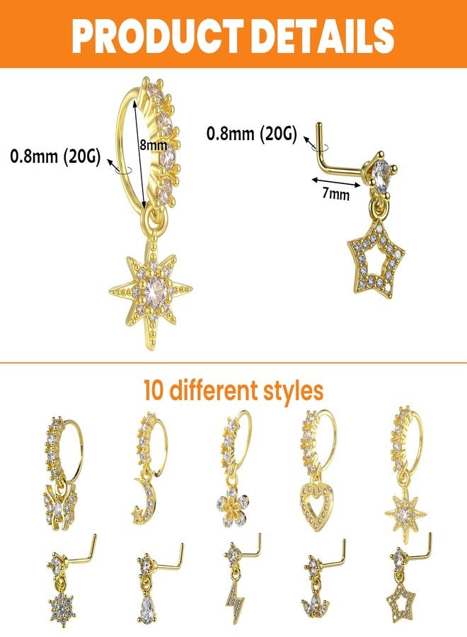 Yolev 10 Pcs Dangle Nose Ring Hoop 20g L Shaped Dangling Nose Stud Cz Flower Star Moon Butterfly Crown Nose Rings with Charm Cute Nose Piercing Jewelry Cartilage Earring For Women, no gemstone - Image 2