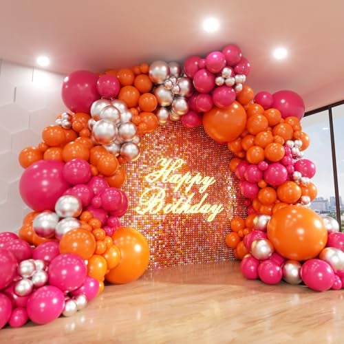 ADOINBY Pink and Orange Balloon Arch Kit 180Pcs Hot Pink Orange Metallic Silver Latex Balloon Garland kit 18 12 10 5 Inch Different Size Balloons for Birthday Baby Shower Wedding Party Decorations - Image 1