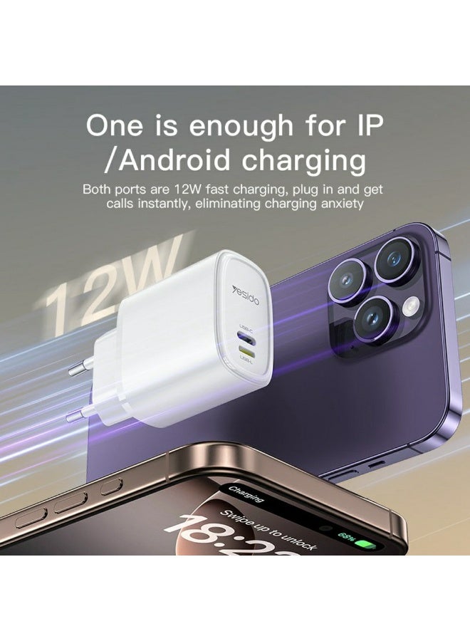 Yesido YC71 12W Dual Port Wall Charger (USB-C + USB-L) – Fast Charging for iPhone & Android - https://f.nooncdn.com/p/pzsku/ZC1BC73B38740464AE97CZ/45/1761734490/59b54b69-7645-40a2-8fa1-e36336511734.jpg