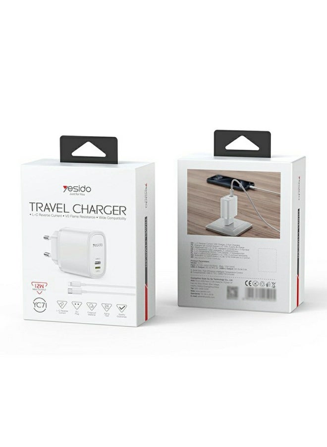 Yesido YC71 12W Dual Port Wall Charger (USB-C + USB-L) – Fast Charging for iPhone & Android - https://f.nooncdn.com/p/pzsku/ZC1BC73B38740464AE97CZ/45/1761734490/c55071a9-75e4-49d0-8476-171c9b945b01.jpg