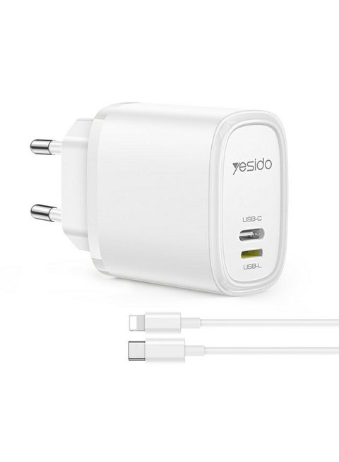 شاحن Yesido YC71 جداري سريع 12W بمنفذين USB-C + USB-L – متوافق مع آيفون وأندرويد