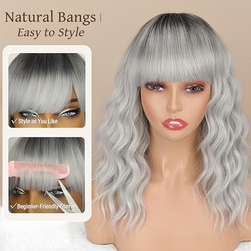 Nnzes Ombre Silver Wig with Bangs for Women White Bob Wavy Charming Synthetic Wigs with Natural Shoulder Length Curly Heat Resistant Hair for Daily Party Use - Image 3