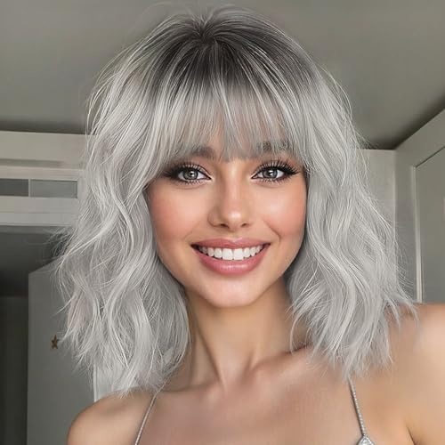 Nnzes Ombre Silver Wig with Bangs for Women White Bob Wavy Charming Synthetic Wigs with Natural Shoulder Length Curly Heat Resistant Hair for Daily Party Use - Image 1