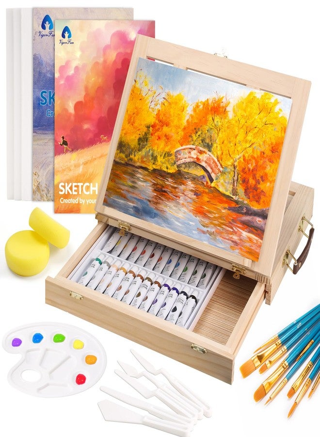 Vigorfun مجموعة أدوات الرسم، 49 قطعة طقم رسم بالألوان المائية مع حامل طاولة خشبي، يتضمن ألوان مائية، فرش، لوحة، لوحات قماشية وألواح رسم، للفنانين، الطلاب، البالغين، الأطفال - Image 1