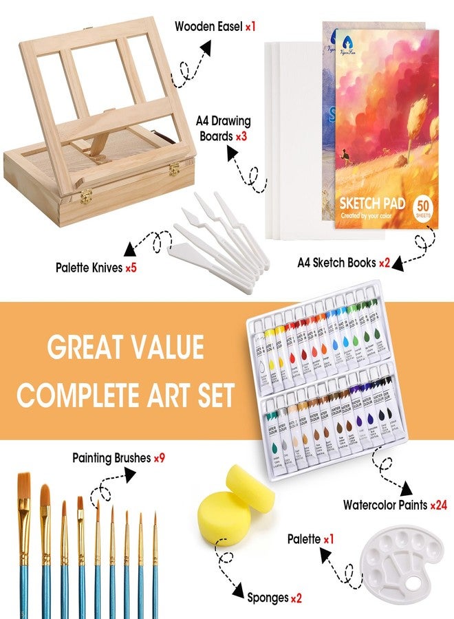 Vigorfun مجموعة أدوات الرسم، 49 قطعة طقم رسم بالألوان المائية مع حامل طاولة خشبي، يتضمن ألوان مائية، فرش، لوحة، لوحات قماشية وألواح رسم، للفنانين، الطلاب، البالغين، الأطفال - Image 2
