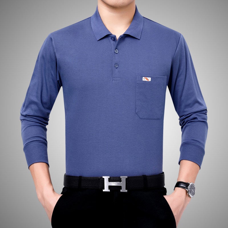 New middle-aged and elderly long-sleeved T-shirt, pure cotton men's dad advertising shirt, red zodiac year lapel middle-aged base shirt - Image 1