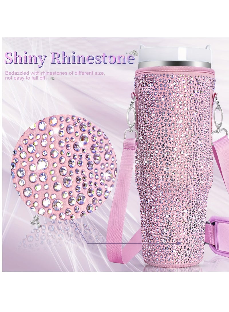 Bling Water Bottle Tote Bag for Stanley 40oz Glass with Handle, Neoprene Water Bottle Holder with Adjustable Strap for Stanley Cup Accessories (Pink)  - Image 2