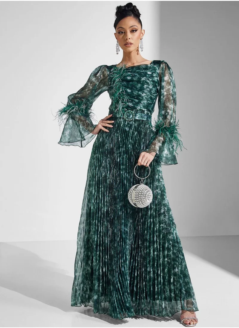 Amri Feather-Trimmed Pleated Dress