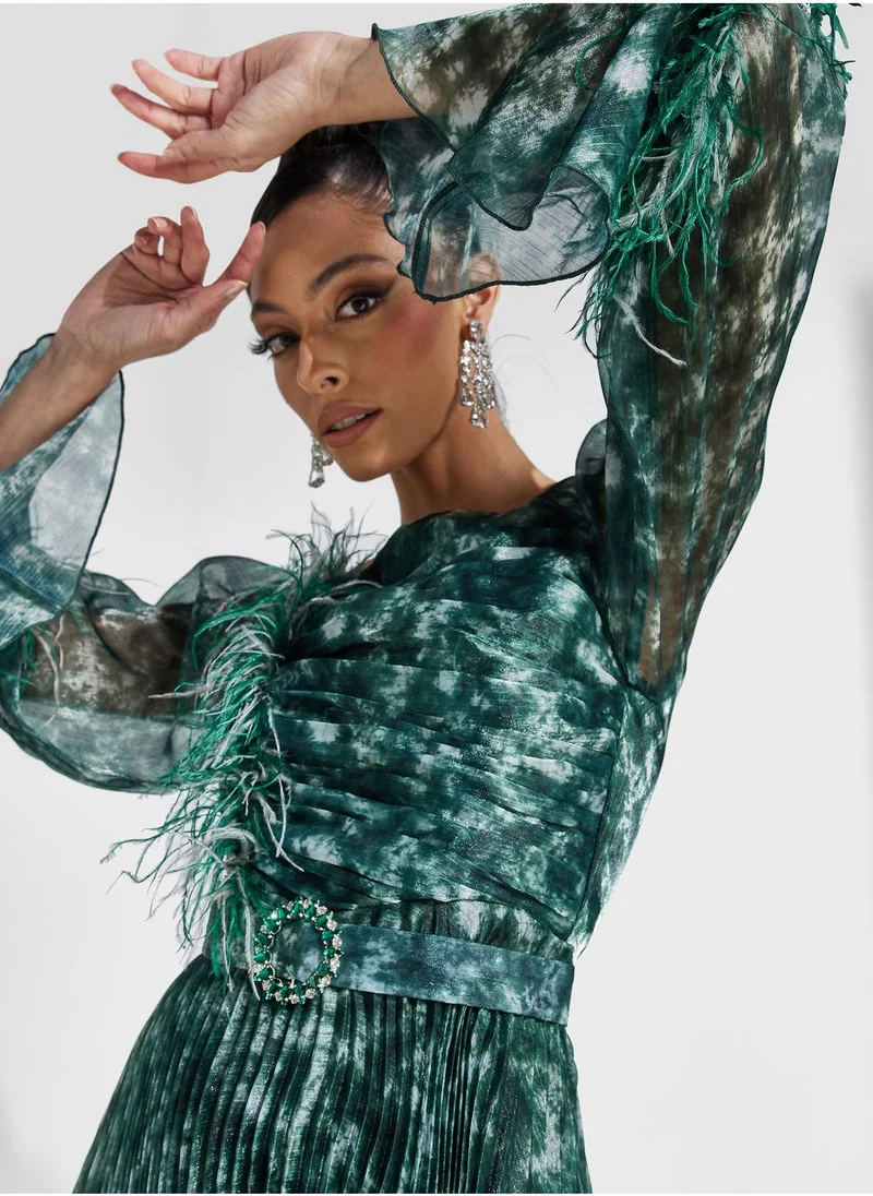 Amri Feather-Trimmed Pleated Dress