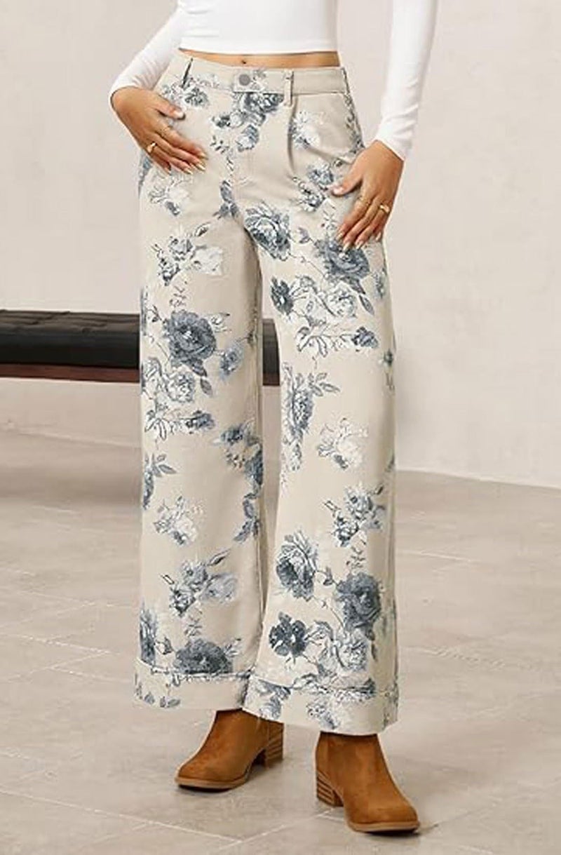 loveimgs Women Mid Rise Cropped Wide Leg Jeans Baggy Floral Ankle Pants Denim Capris Flare Print Boho Palazzo Jeans Boyfriend (X-Large,Beige White) - Image 3