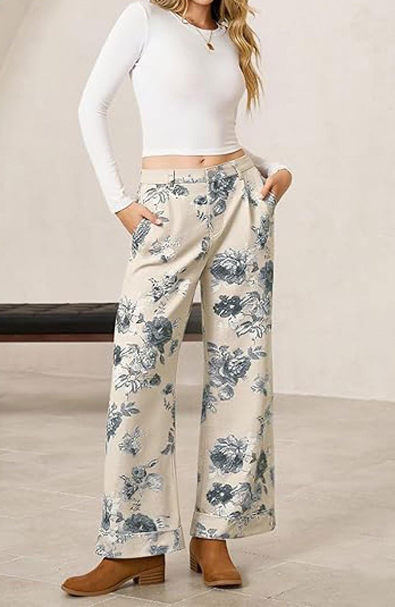 loveimgs Women Mid Rise Cropped Wide Leg Jeans Baggy Floral Ankle Pants Denim Capris Flare Print Boho Palazzo Jeans Boyfriend (X-Large,Beige White) - Image 2