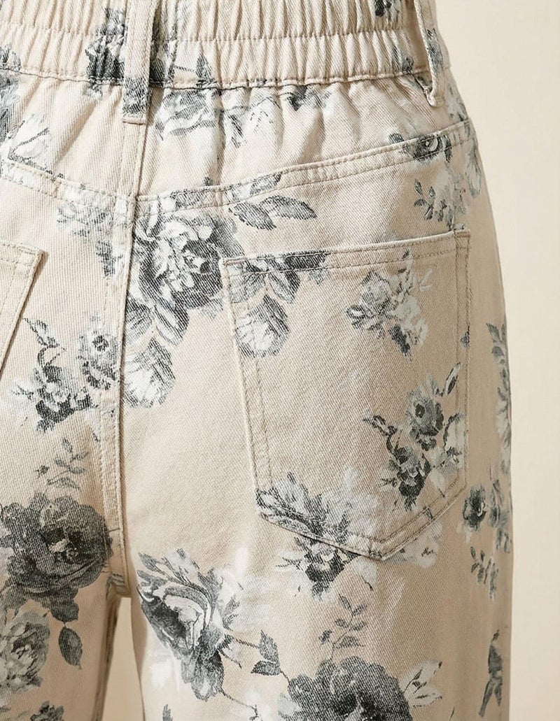 loveimgs Women Mid Rise Cropped Wide Leg Jeans Baggy Floral Ankle Pants Denim Capris Flare Print Boho Palazzo Jeans Boyfriend (X-Large,Beige White) - Image 5