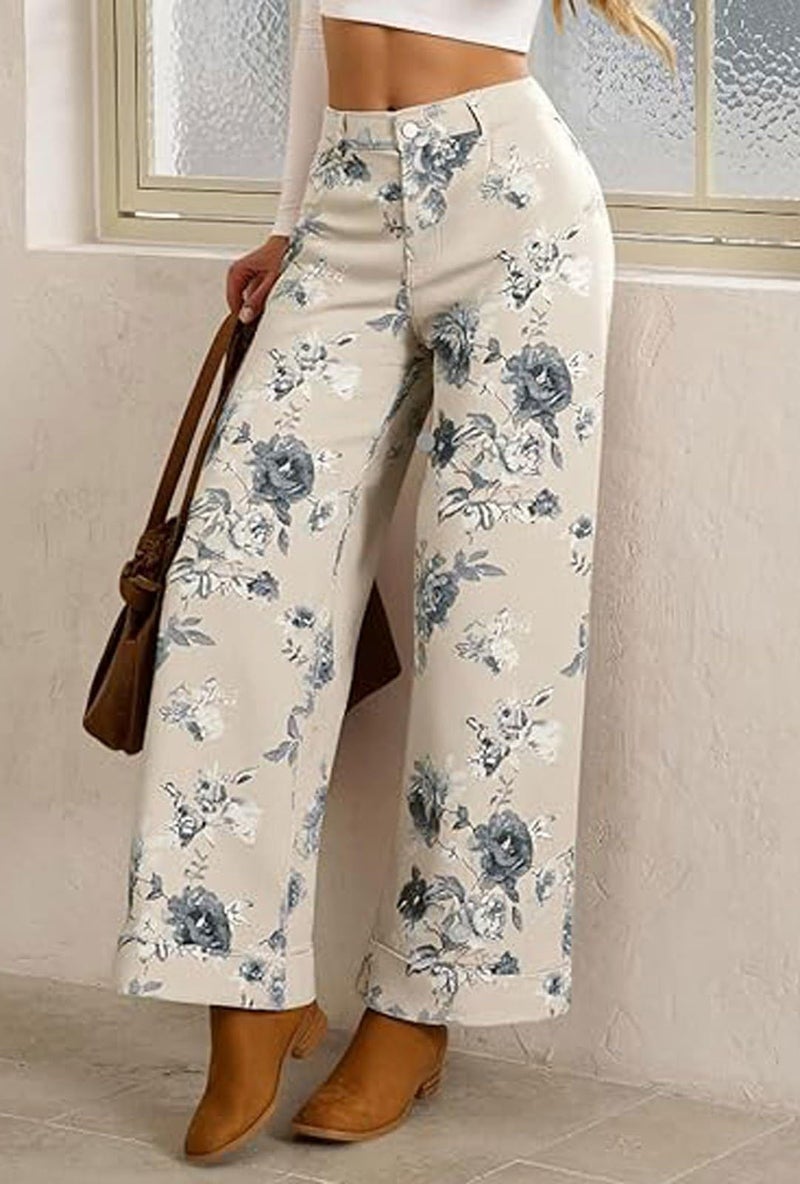 loveimgs Women Mid Rise Cropped Wide Leg Jeans Baggy Floral Ankle Pants Denim Capris Flare Print Boho Palazzo Jeans Boyfriend (X-Large,Beige White) - Image 4