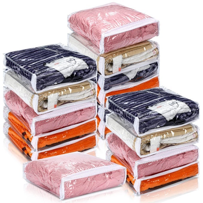 16 PCS CLEAR VINYL ZIPPERED SWEATER STORAGE BAGS WITH ZIPPER PLASTIC SHEET ORGANIZER AND STORAGE FOR CLOTHING BLANKETS SHEET LINEN BED PILLOW CUBE ORGANIZER10 X 10 X 25 INCH