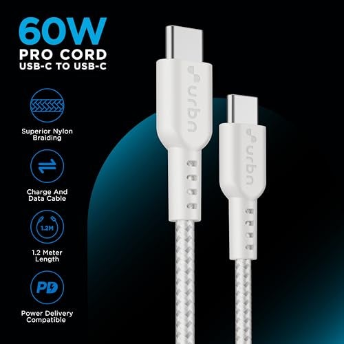 URBN Pro Cord 60W Super Fast Charging Cable | Type C to C | Supports Apple Car Play & Android Auto| Super Fast Charging and Data Transfer | Nylon Braided 1.2 Meter | 1 Year Warranty (White) - Image 2
