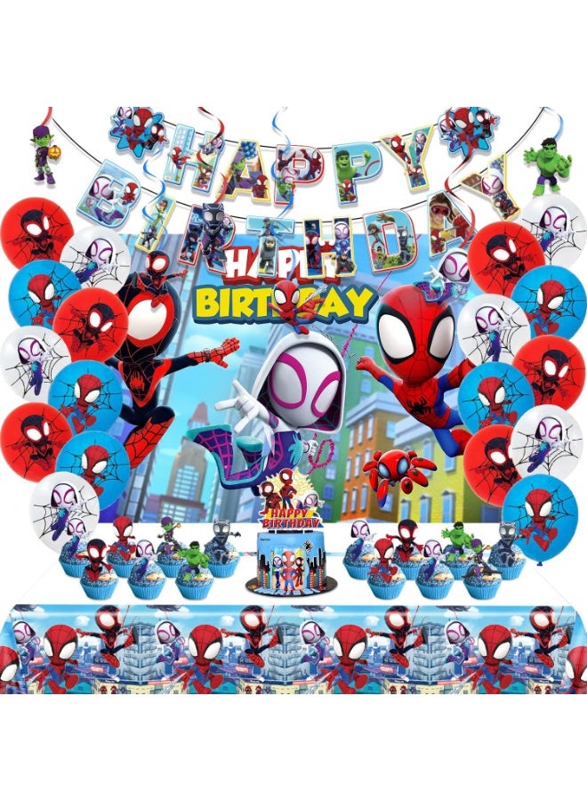 زينة عيد ميلاد سبايدي، مجموعة مستلزمات الحفلات تشمل لافتة، خلفية، بالونات، دوامات معلقة، زينة كعكة وكب كيك، مفرش طاولة لحفلة سبايدي للأولاد والبنات - Image 1