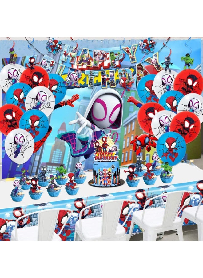 زينة عيد ميلاد سبايدي، مجموعة مستلزمات الحفلات تشمل لافتة، خلفية، بالونات، دوامات معلقة، زينة كعكة وكب كيك، مفرش طاولة لحفلة سبايدي للأولاد والبنات - Image 2