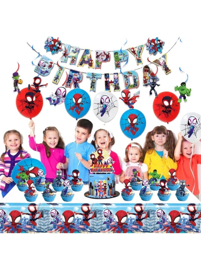 زينة عيد ميلاد سبايدي، مجموعة مستلزمات الحفلات تشمل لافتة، خلفية، بالونات، دوامات معلقة، زينة كعكة وكب كيك، مفرش طاولة لحفلة سبايدي للأولاد والبنات - Image 3