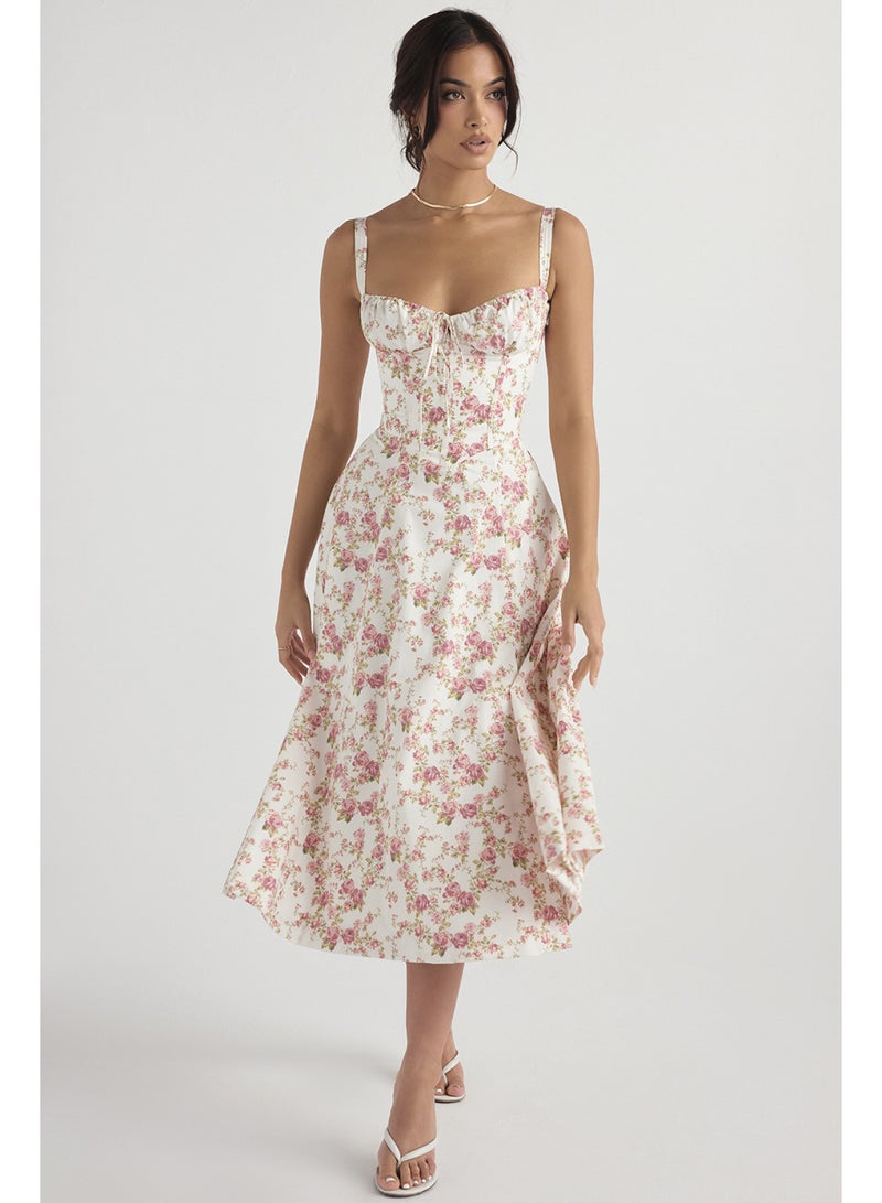 SCACTO Floral Print Bustier Top Lace Up Split Midi Dress 