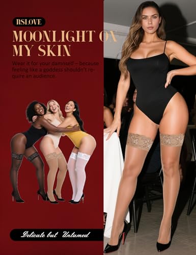 RSLOVE Lace Thigh High Stockings for Women Sexy Lace Antiskid Silicone Ultra Shimmery Pantyhose (One Size, Beige) - Image 3