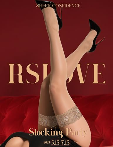 RSLOVE Lace Thigh High Stockings for Women Sexy Lace Antiskid Silicone Ultra Shimmery Pantyhose (One Size, Beige) - Image 2