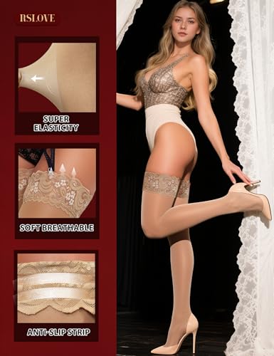 RSLOVE Lace Thigh High Stockings for Women Sexy Lace Antiskid Silicone Ultra Shimmery Pantyhose (One Size, Beige) - Image 4