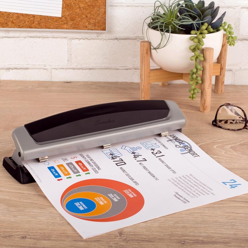 Swing Line 3 Hole Punch, 10 Sheet Capacity Three Hole Puncher 3 Ring, Adjustable 2-3 Hole Paper Punch, Precision Pro, Black & Silver (74037) - Image 2