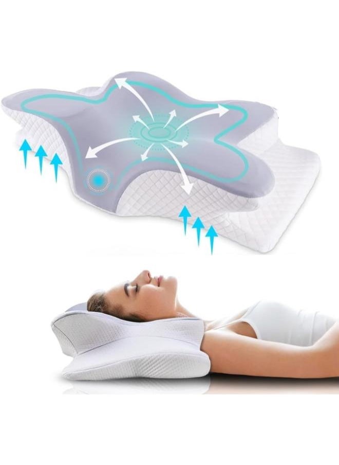 Butterfly-Shape Cervical Pillow for Shoulder and Neck Pain Relief, Memory Foam Neck Pillow Ergonomic Orthopedic Back & Stomach Sleeping Pillow with Breathable & Washable Cover (Grey)
