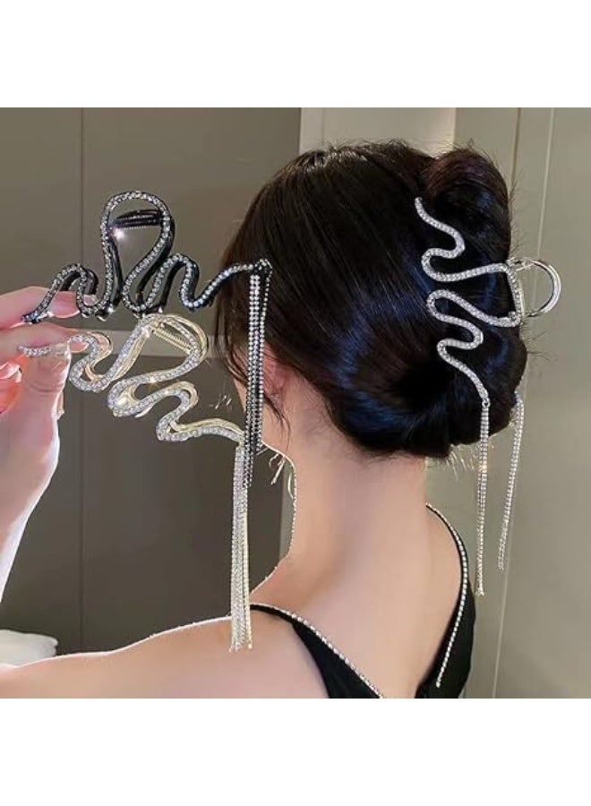 CLENEA Rhinestone Hair Clips with Metal Tassel Chain, Large Rhinestone Hair Claw, Big Wave Hair Clip for Women Party, Hair Accessories Non-slip Snake Headwear (2 Pack, Silver, Black) - Image 1