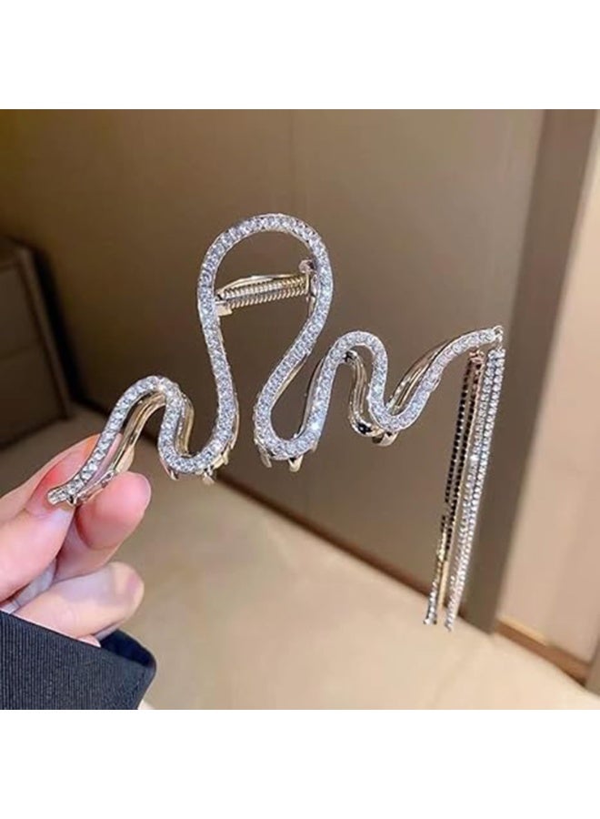 CLENEA Rhinestone Hair Clips with Metal Tassel Chain, Large Rhinestone Hair Claw, Big Wave Hair Clip for Women Party, Hair Accessories Non-slip Snake Headwear (2 Pack, Silver, Black) - Image 5