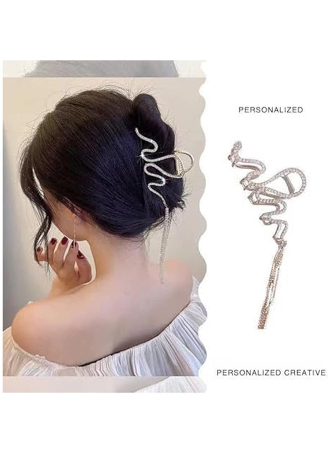 CLENEA Rhinestone Hair Clips with Metal Tassel Chain, Large Rhinestone Hair Claw, Big Wave Hair Clip for Women Party, Hair Accessories Non-slip Snake Headwear (2 Pack, Silver, Black) - Image 3