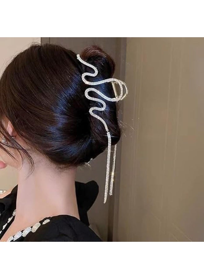 CLENEA Rhinestone Hair Clips with Metal Tassel Chain, Large Rhinestone Hair Claw, Big Wave Hair Clip for Women Party, Hair Accessories Non-slip Snake Headwear (2 Pack, Silver, Black) - Image 2