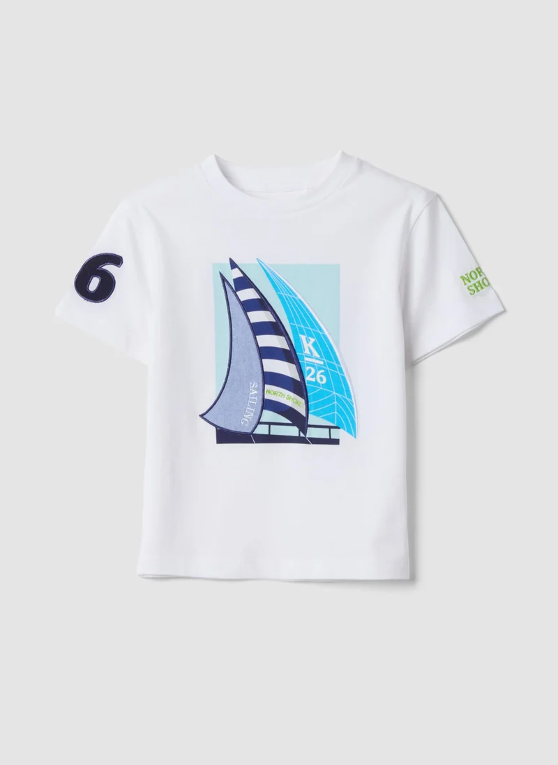 او في اس OVS White Pure Cotton T-Shirt With Print