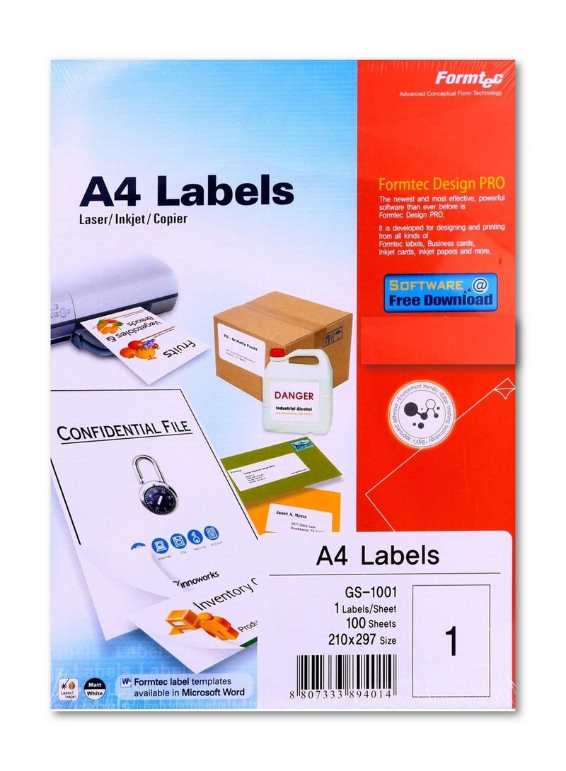 Formtec 100-Piece A4 Size Sticker Paper 1 Label Per Sheet - Image 1