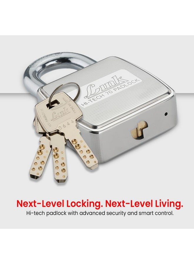 Link® Hi-Tech 70mm Padlock | Stainless Steel Body | Hardened Shackle | 1 Padlock | 3 Silver Keys with Hi-Tech Nickle & Keychain | Made in India - Image 2