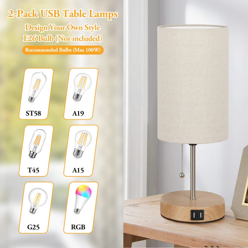 Lakumu طقم من 2 مصابيح طاولة مع 2 منافذ USB، مصابيح سرير حديثة، مصابيح مكتب مع سلسلة سحب، مصابيح طاولة جانبية مع ظل قماشي كريمي وقاعدة معدنية من البلوط لغرفة المعيشة وغرفة النوم والمكتب والقراءة والسكن والفندق - Image 4