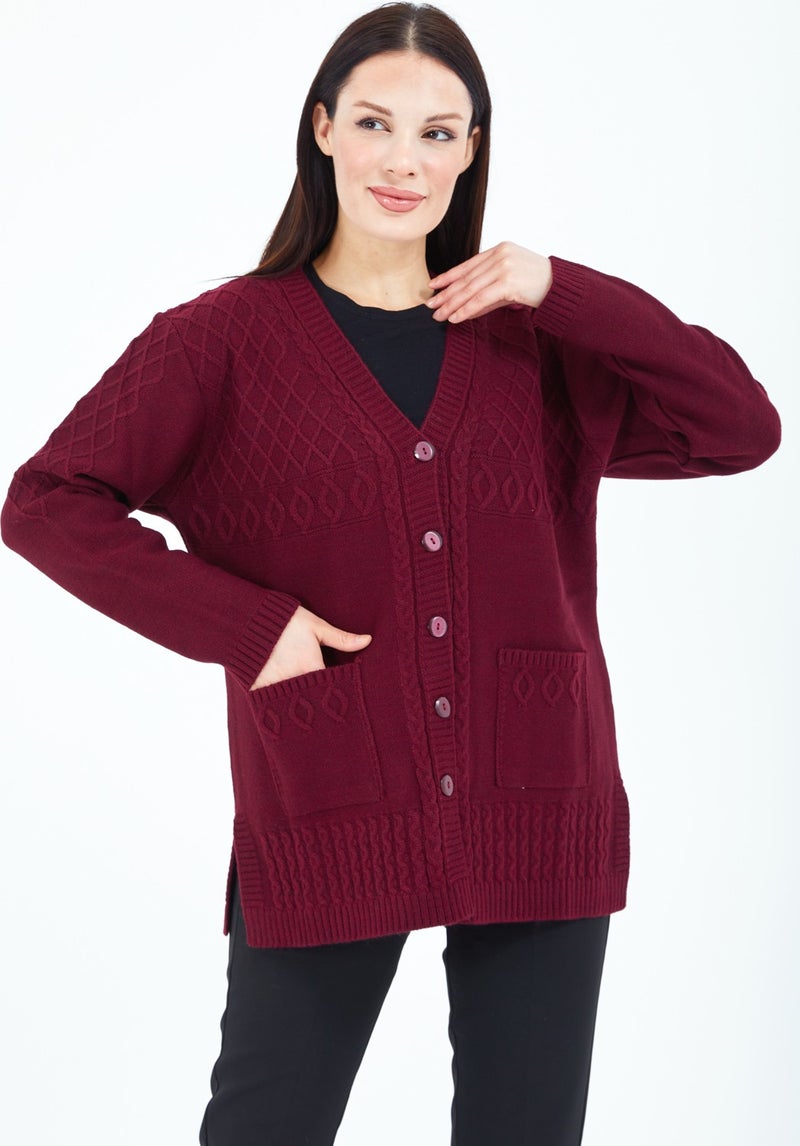 Stilmony Women's Burgundy Buttoned Wool Mother's Knitwear Short Cardigan - Image 1