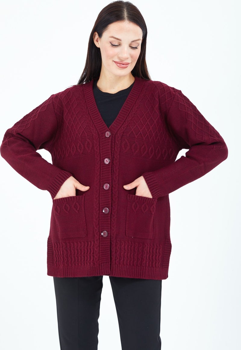 Stilmony Women's Burgundy Buttoned Wool Mother's Knitwear Short Cardigan - Image 4