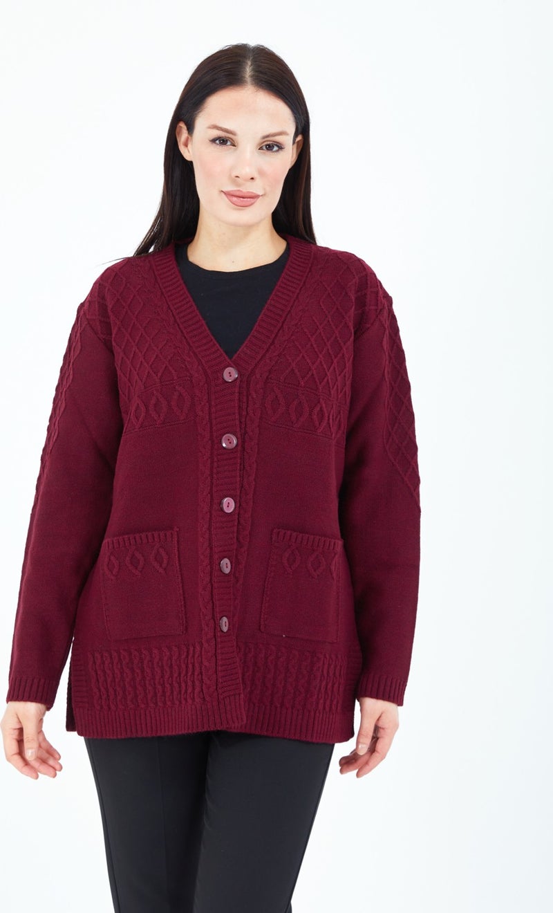 Stilmony Women's Burgundy Buttoned Wool Mother's Knitwear Short Cardigan - Image 2