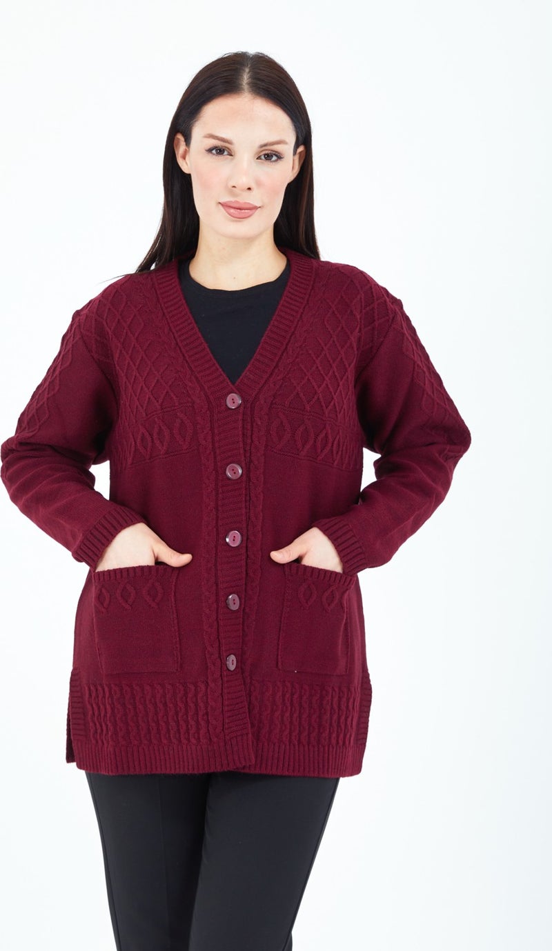Stilmony Women's Burgundy Buttoned Wool Mother's Knitwear Short Cardigan - Image 3