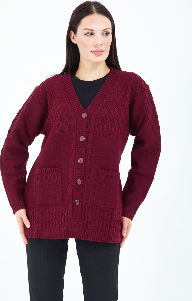 Stilmony Women's Burgundy Buttoned Wool Mother's Knitwear Short Cardigan - Image 5