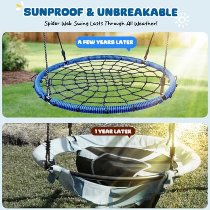 40'' Spider Web Tree Swing Round Net Swing Platform Rope Swing Set for Adult Detachable Nylon Rope with Swivel for Outdoor Backyard Max 660 Lbs Extra Safe Steel Frame Blue - Image 5