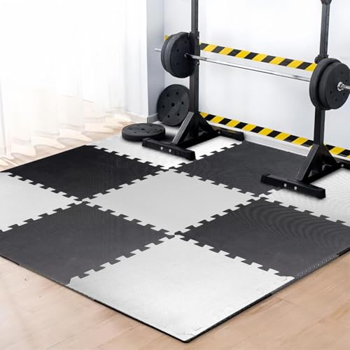 EASY HOME Gym Mats for Floor for Home and Living Room, Interlocking Rubber Floor Gym Mat for Workout at Home, Super Absorbent EVA Foam Workout Mat- 60x60cm - 12mm, Black & Grey (4 Tiles - 16Sqft) - Image 1