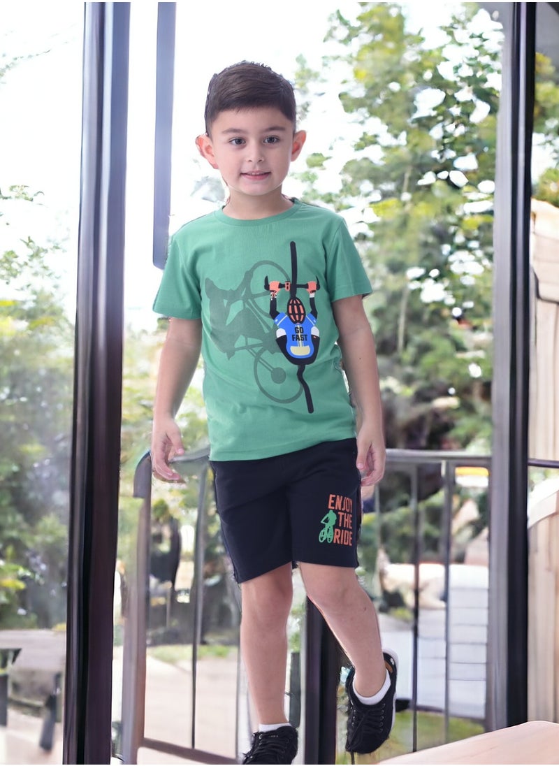 victor and jane - Kids Boys set Comfortable 2-Piece T-Shirt & Shorts Set (2-8 Years)Green & Black - Image 1