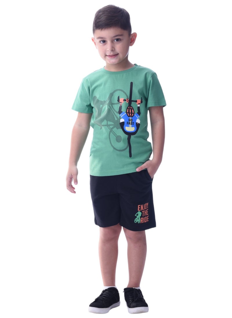 victor and jane - Kids Boys set Comfortable 2-Piece T-Shirt & Shorts Set (2-8 Years)Green & Black - Image 1